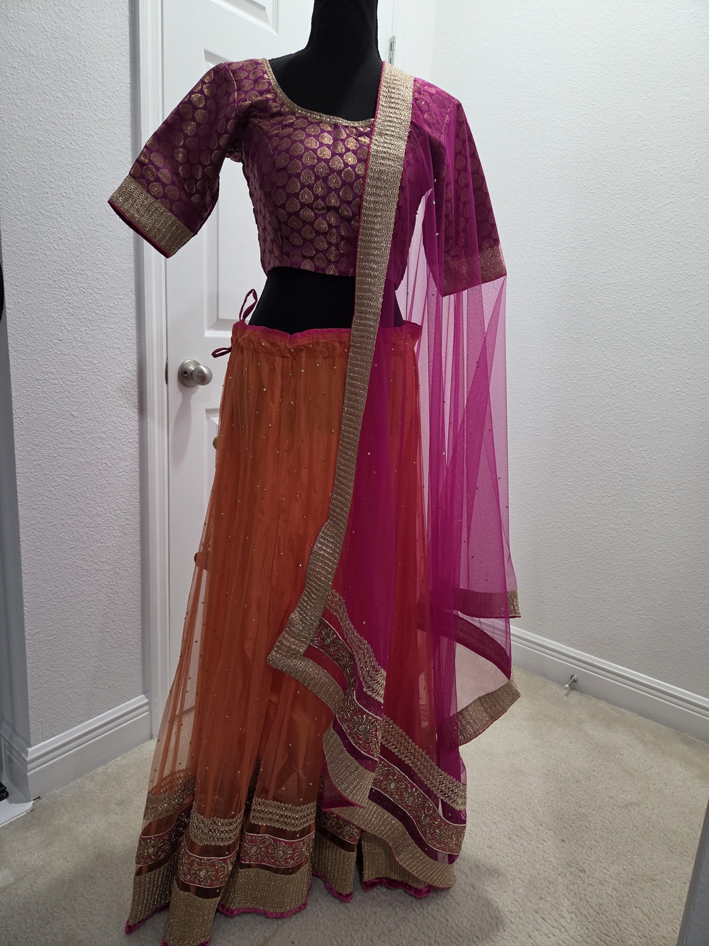 Orange Pink Gold Indian Lehenga Choli Size 38 with Dupatta